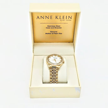 Anne Klein Stainless Steel Gold-Tone Watch with Mother-of-Pearl Dial