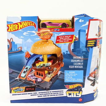 Hot Wheels Toy Car Track Set, City Burger Drive-Thru Playset